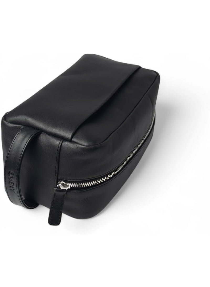 Emery Toiletry Travel Kit Box, Premium Full-Grain Leather with Canvas Lining, Mandarin/Black, 10L x 4.5W x 5H Inches (Black) - Image 2